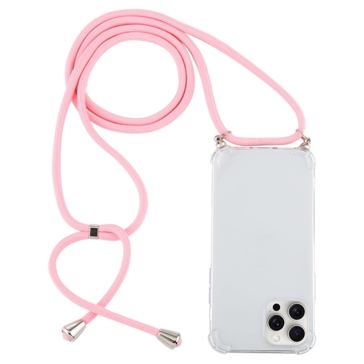 For iPhone 16 Pro Four-Corner Shockproof Transparent TPU Case with Lanyard(Light Pink) by buy2fix