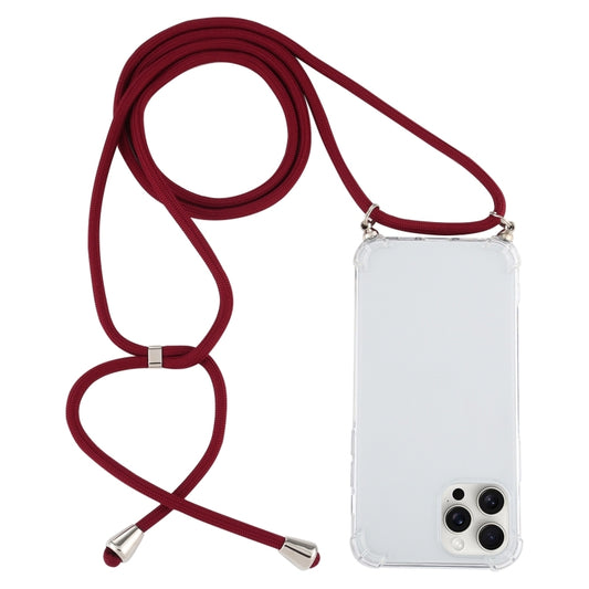 For iPhone 16 Pro Four-Corner Shockproof Transparent TPU Case with Lanyard(Wine Red) by buy2fix