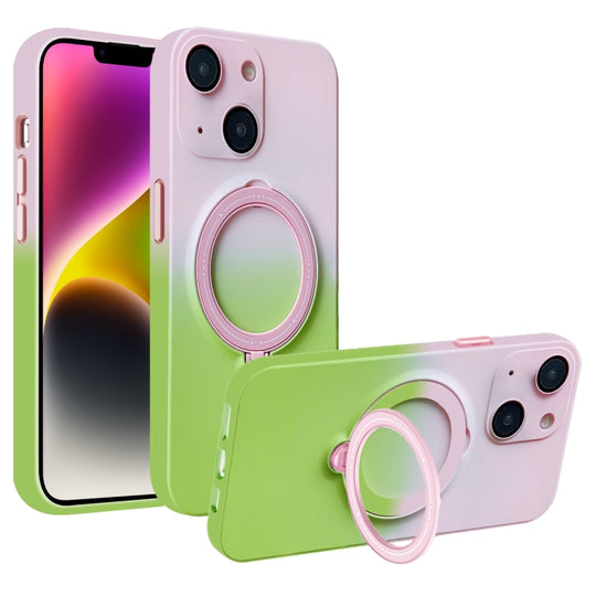 For iPhone 14 Gradient TPU MagSafe Holder Phone Case(Pink Green)
