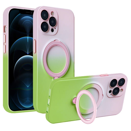 For iPhone 12 Pro Max Gradient TPU MagSafe Holder Phone Case(Pink Green) by buy2fix