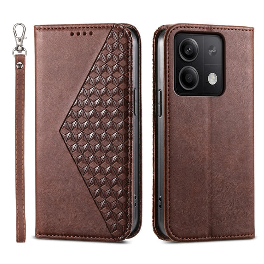 For Xiaomi Redmi Note 13 5G Cubic Grid Calf Texture Magnetic Leather Phone Case(Brown) - Xiaomi Cases by buy2fix | Online Shopping UK | buy2fix