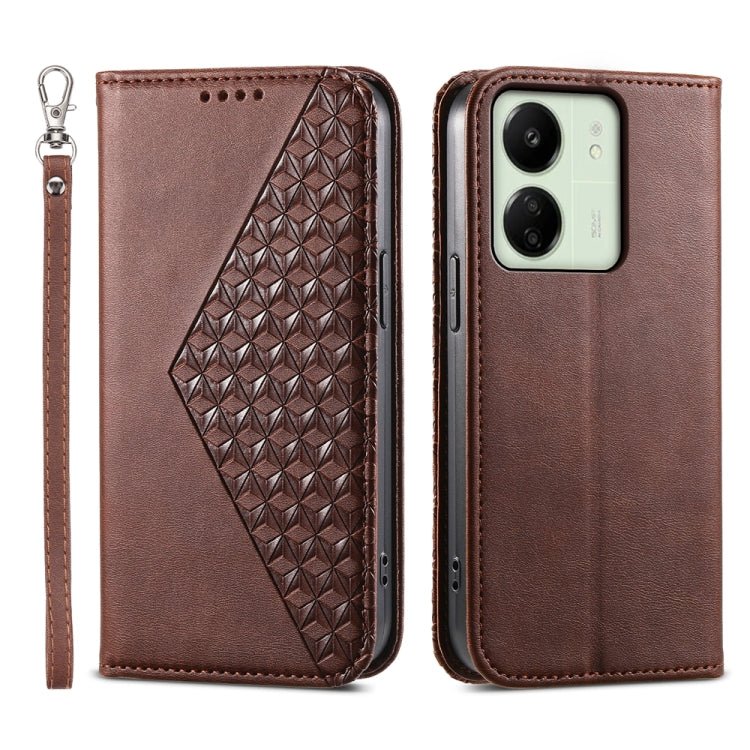 For Xiaomi Redmi 13C Cubic Grid Calf Texture Magnetic Leather Phone Case(Brown) by buy2fix
