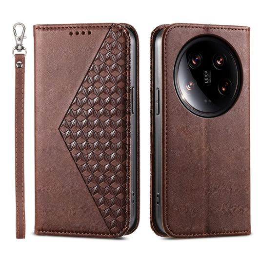 For Xiaomi 14 Ultra Cubic Grid Calf Texture Magnetic Leather Phone Case(Brown) - Xiaomi 14 Ultra Cases by buy2fix | Online Shopping UK | buy2fix