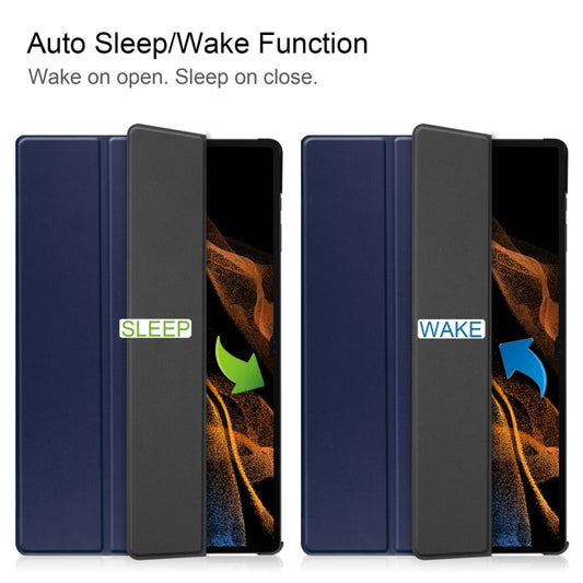 For Samsung Galaxy Tab S10 Ultra / S9 Ultra Custer Pure Color 3-Fold Holder Smart Leather Tablet Case(Dark Blue) - Galaxy Tab S9 Ultra Cases by buy2fix | Online Shopping UK | buy2fix