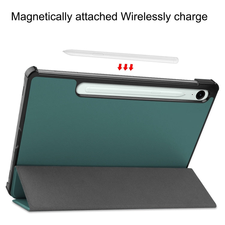 For Samsung Galaxy Tab S9 FE / S10 FE Custer Pure Color 3-Fold Holder Smart Leather Tablet Case(Dark Green) - Galaxy Tab S9 FE by buy2fix | Online Shopping UK | buy2fix