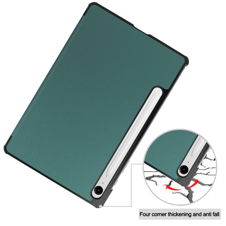 For Samsung Galaxy Tab S9 FE / S10 FE Custer Pure Color 3-Fold Holder Smart Leather Tablet Case(Dark Green) - Galaxy Tab S9 FE by buy2fix | Online Shopping UK | buy2fix