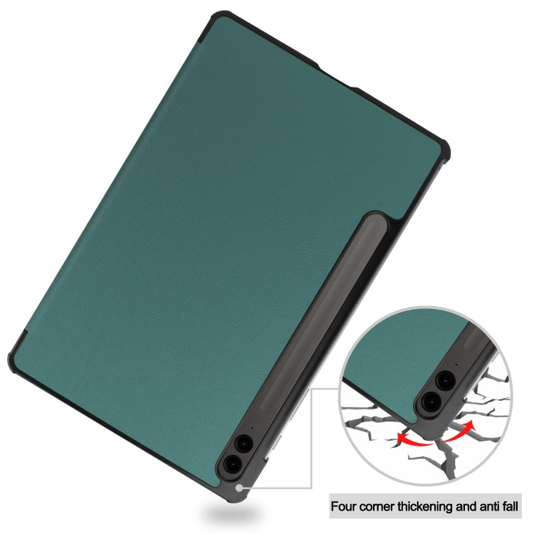 For Samsung Galaxy Tab S9 FE+ / S10+ Custer Pure Color 3-Fold Holder Smart Leather Tablet Case(Dark Green) - Galaxy Tab S9 FE+ by buy2fix | Online Shopping UK | buy2fix
