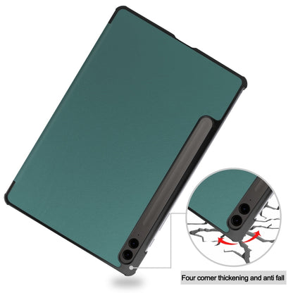 For Samsung Galaxy Tab S9 FE+ / S10+ Custer Pure Color 3-Fold Holder Smart Leather Tablet Case(Dark Green) - Galaxy Tab S9 FE+ by buy2fix | Online Shopping UK | buy2fix