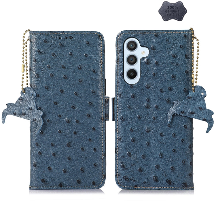 For Samsung Galaxy S24 Ostrich Pattern Genuine Leather RFID Phone Case(Blue) - Galaxy Phone Cases by buy2fix | Online Shopping UK | buy2fix