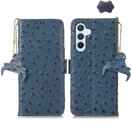 For Samsung Galaxy S24 Ostrich Pattern Genuine Leather RFID Phone Case(Blue) - Galaxy Phone Cases by buy2fix | Online Shopping UK | buy2fix