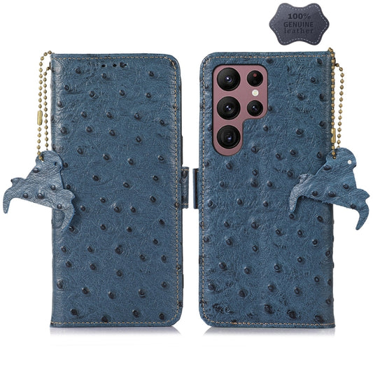 For Samsung Galaxy S24 Ultra Ostrich Pattern Genuine Leather RFID Phone Case(Blue) - Galaxy Phone Cases by buy2fix | Online Shopping UK | buy2fix