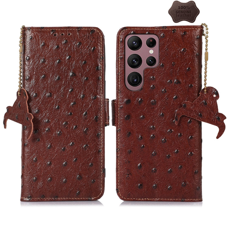 For Samsung Galaxy S24 Ultra Ostrich Pattern Genuine Leather RFID Phone Case(Coffee) - Galaxy Phone Cases by buy2fix | Online Shopping UK | buy2fix