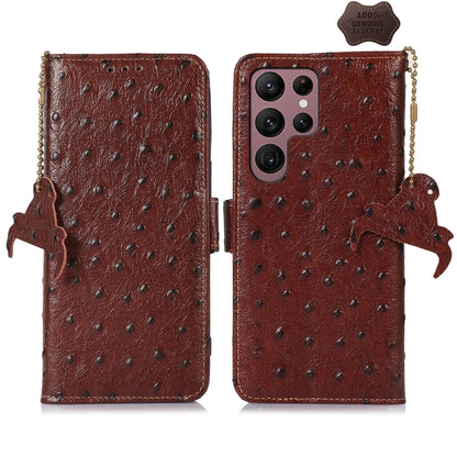 For Samsung Galaxy S24 Ultra Ostrich Pattern Genuine Leather RFID Phone Case(Coffee) - Galaxy Phone Cases by buy2fix | Online Shopping UK | buy2fix