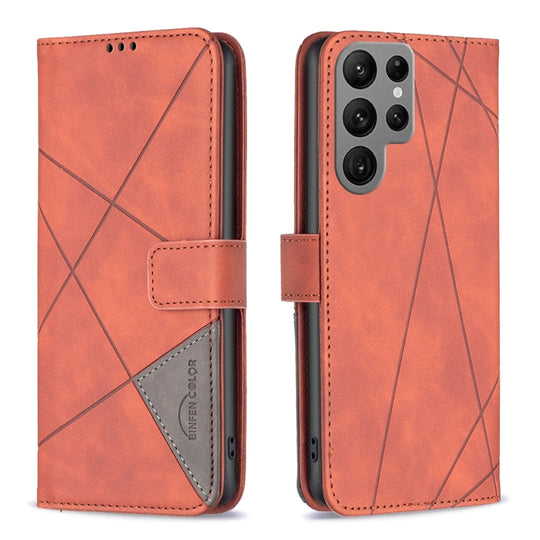 For Samsung Galaxy S24 Ultra 5G Magnetic Buckle Rhombus Texture Leather Phone Case(Brown)