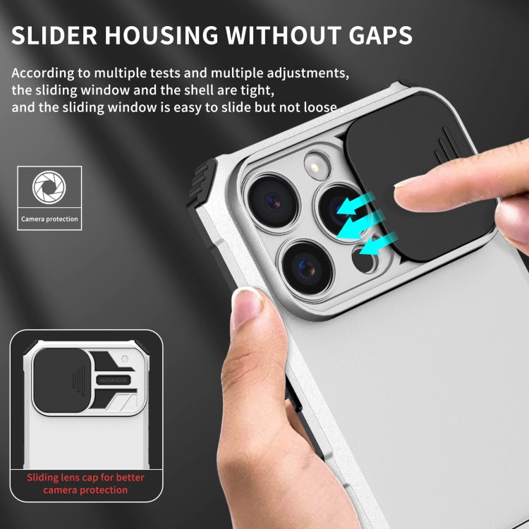 For iPhone 16 Pro Max Stereoscopic Holder Sliding Camshield Phone Case(White) by buy2fix