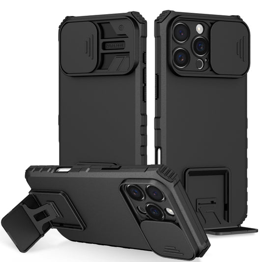 For iPhone 16 Pro Max Stereoscopic Holder Sliding Camshield Phone Case(Black) by buy2fix
