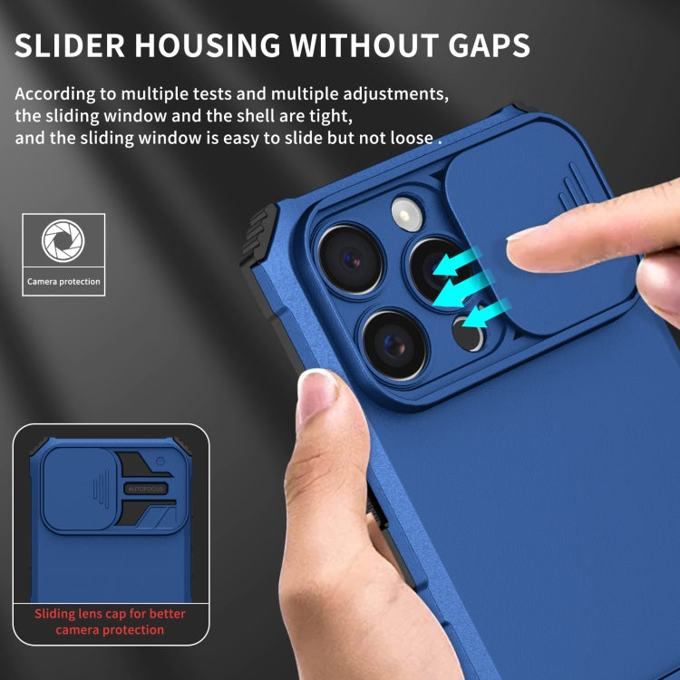 For iPhone 16 Pro Max Stereoscopic Holder Sliding Camshield Phone Case(Blue) by buy2fix