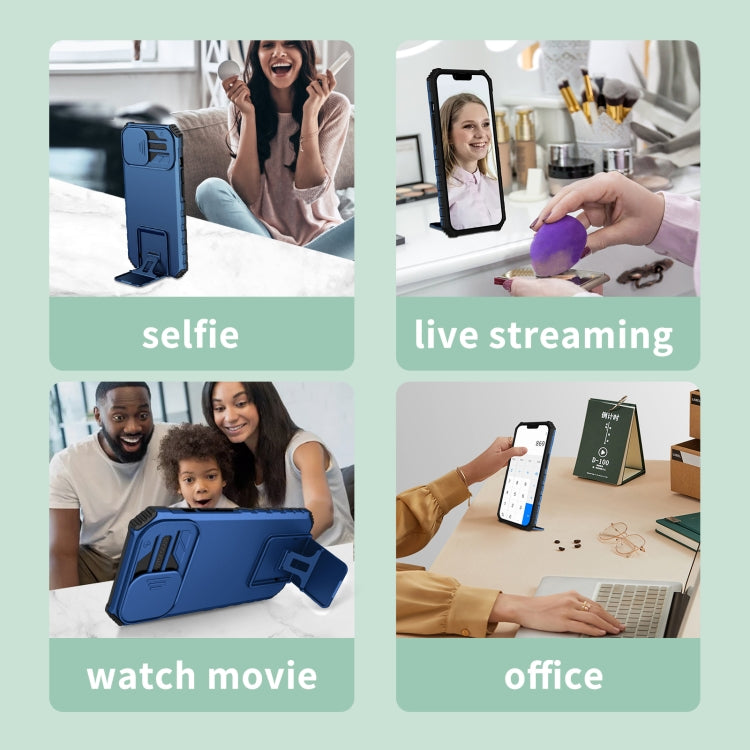 For iPhone 16 Pro Max Stereoscopic Holder Sliding Camshield Phone Case(Blue) by buy2fix