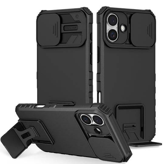 For iPhone 16 Stereoscopic Holder Sliding Camshield Phone Case(Black)