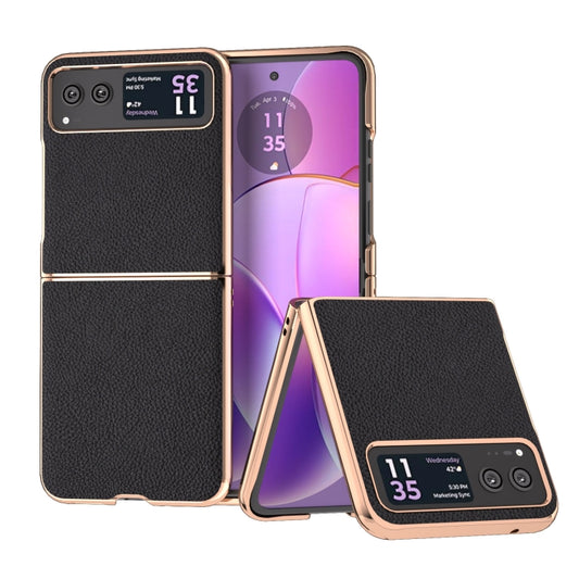 For Motorola Razr 40 Nano Electroplating Genuine Leather + PC Litchi Texture Phone Case(Black) - Motorola Cases by buy2fix | Online Shopping UK | buy2fix
