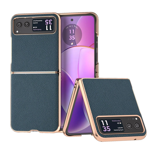 For Motorola Razr 40 Nano Electroplating Genuine Leather + PC Litchi Texture Phone Case(Green) - Motorola Cases by buy2fix | Online Shopping UK | buy2fix