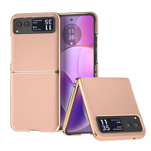 For Motorola Razr 40 Nano Electroplating Genuine Leather + PC Litchi Texture Phone Case(Pink Gold) - Motorola Cases by buy2fix | Online Shopping UK | buy2fix