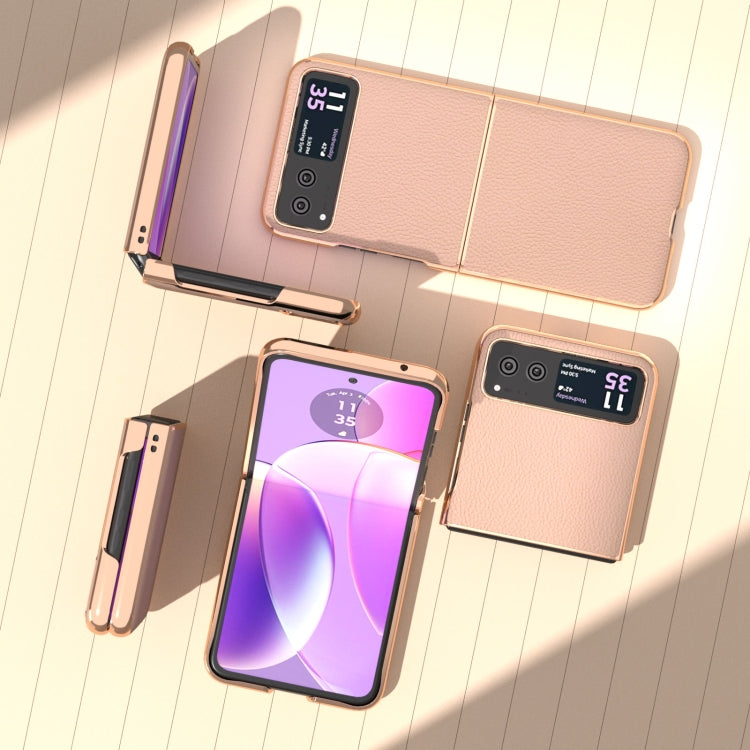 For Motorola Razr 40 Nano Electroplating Genuine Leather + PC Litchi Texture Phone Case(Pink Gold) - Motorola Cases by buy2fix | Online Shopping UK | buy2fix