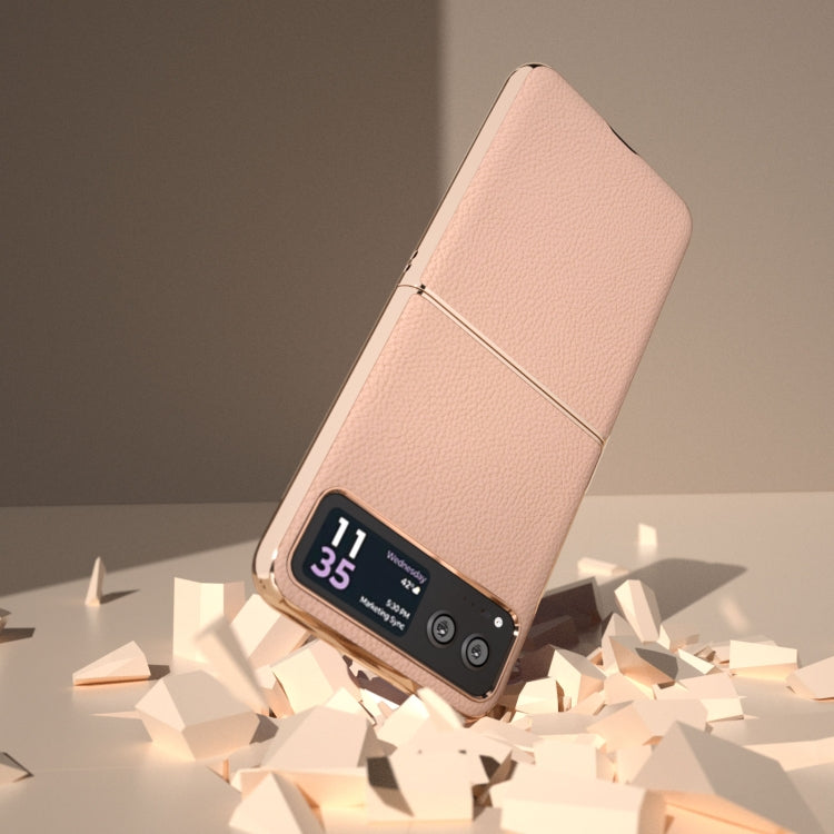 For Motorola Razr 40 Nano Electroplating Genuine Leather + PC Litchi Texture Phone Case(Pink Gold) - Motorola Cases by buy2fix | Online Shopping UK | buy2fix