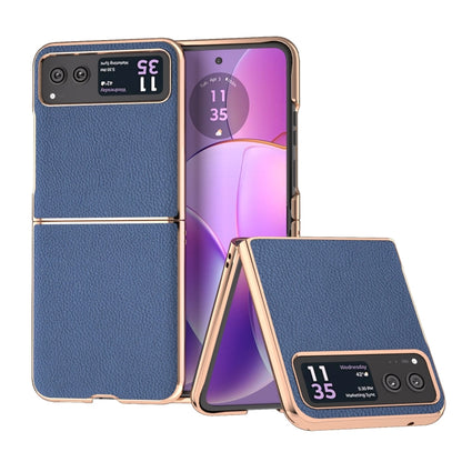 For Motorola Razr 40 Nano Electroplating Genuine Leather + PC Litchi Texture Phone Case(Blue) - Motorola Cases by buy2fix | Online Shopping UK | buy2fix