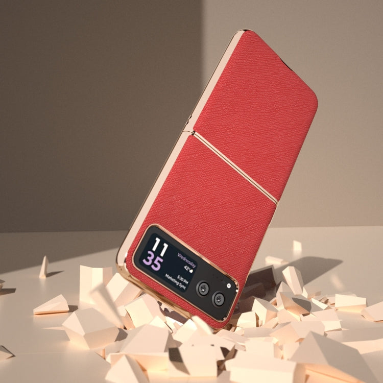 For Motorola Razr 40 Nano Electroplating Cross Texture Genuine Leather Phone Case(Red) - Motorola Cases by buy2fix | Online Shopping UK | buy2fix