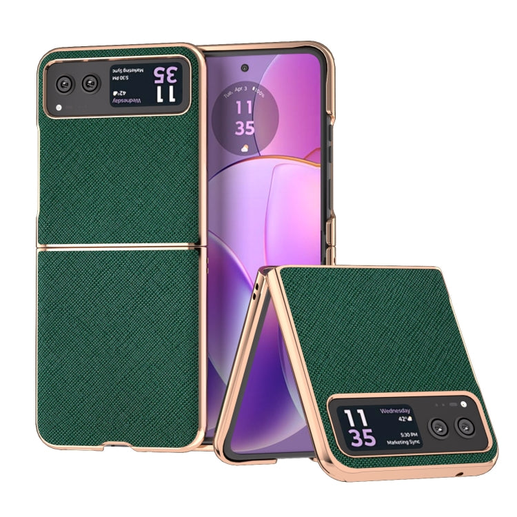For Motorola Razr 40 Nano Electroplating Cross Texture Genuine Leather Phone Case(Green) - Motorola Cases by buy2fix | Online Shopping UK | buy2fix