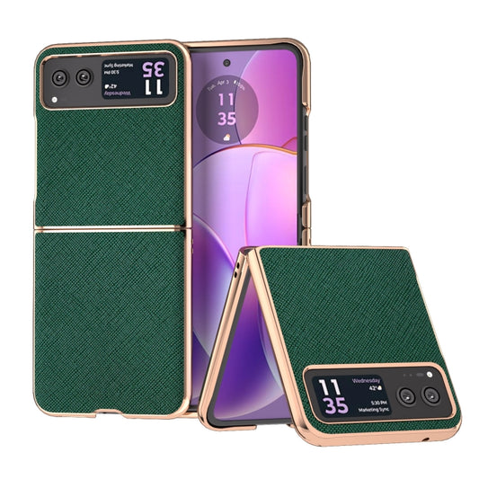 For Motorola Razr 40 Nano Electroplating Cross Texture Genuine Leather Phone Case(Green) - Motorola Cases by buy2fix | Online Shopping UK | buy2fix