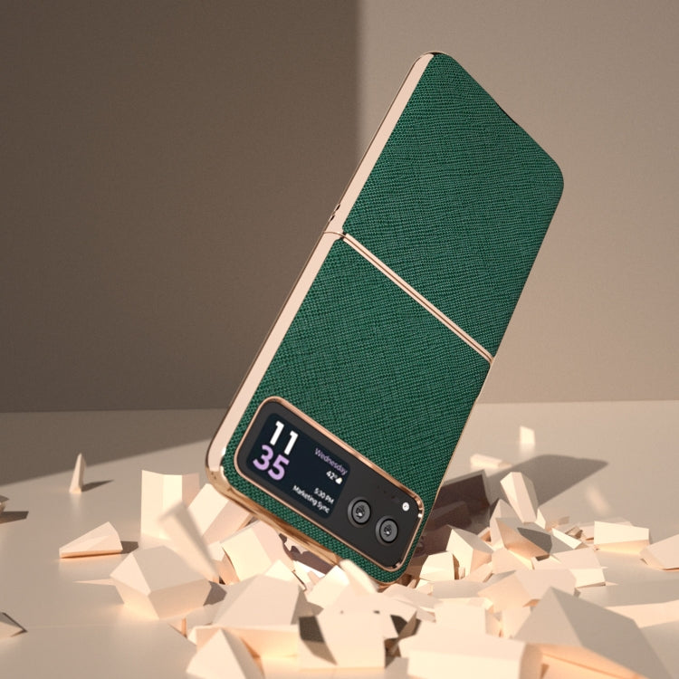 For Motorola Razr 40 Nano Electroplating Cross Texture Genuine Leather Phone Case(Green) - Motorola Cases by buy2fix | Online Shopping UK | buy2fix