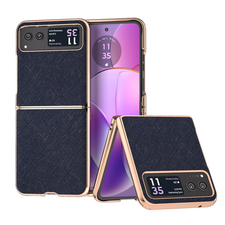 For Motorola Razr 40 Nano Electroplating Cross Texture Genuine Leather Phone Case(Blue) - Motorola Cases by buy2fix | Online Shopping UK | buy2fix