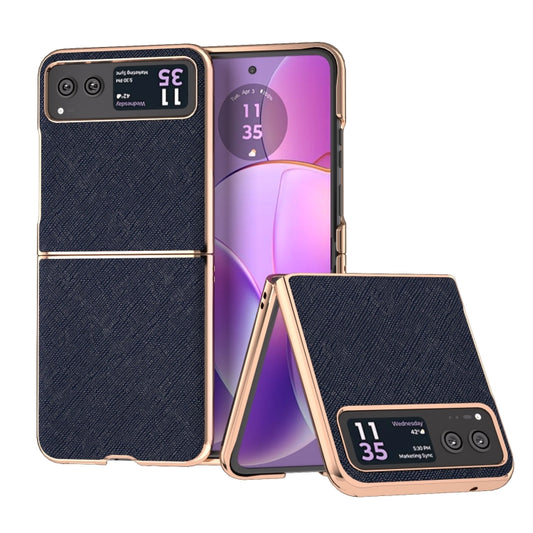 For Motorola Razr 40 Nano Electroplating Cross Texture Genuine Leather Phone Case(Blue) - Motorola Cases by buy2fix | Online Shopping UK | buy2fix