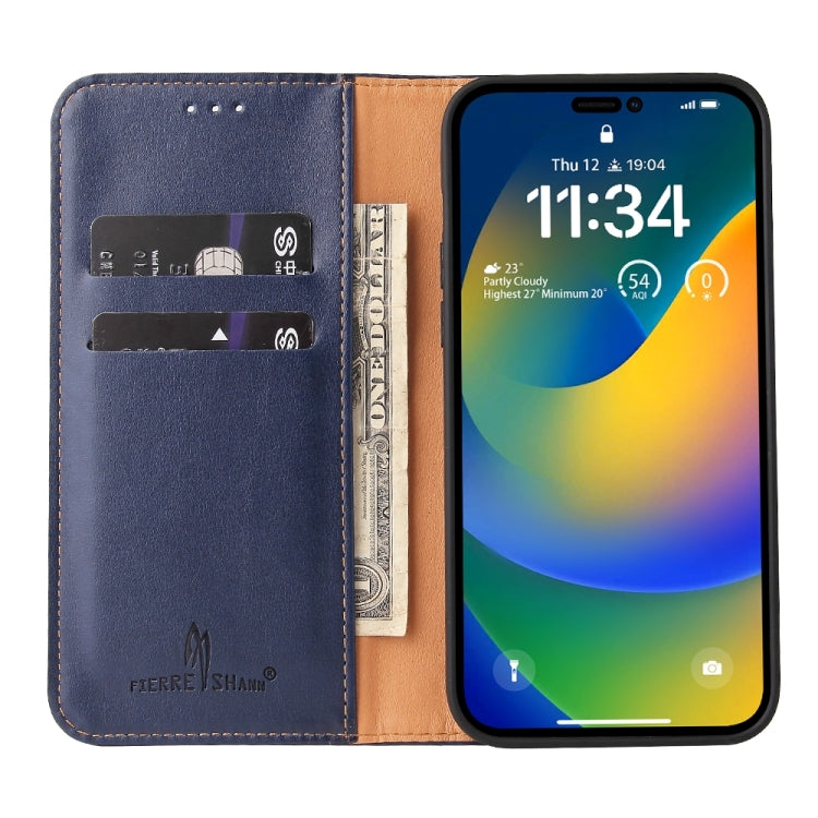 For iPhone 15 Pro Max Fierre Shann PU Genuine Leather Texture Phone Case(Blue) by FIERRE SHANN