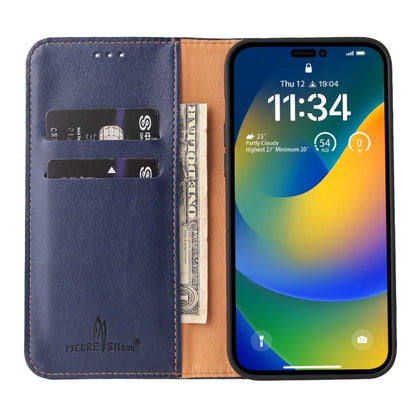 For iPhone 15 Pro Max Fierre Shann PU Genuine Leather Texture Phone Case(Blue) by FIERRE SHANN