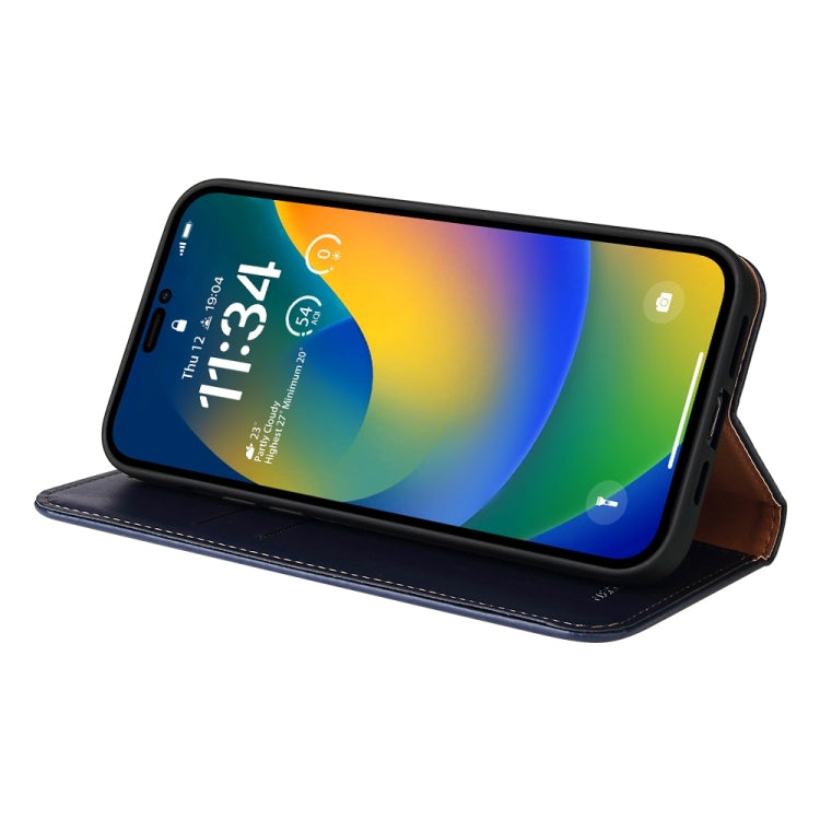 For iPhone 15 Pro Max Fierre Shann PU Genuine Leather Texture Phone Case(Blue) by FIERRE SHANN