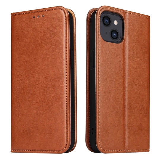 For iPhone 15 Fierre Shann PU Genuine Leather Texture Phone Case(Brown)