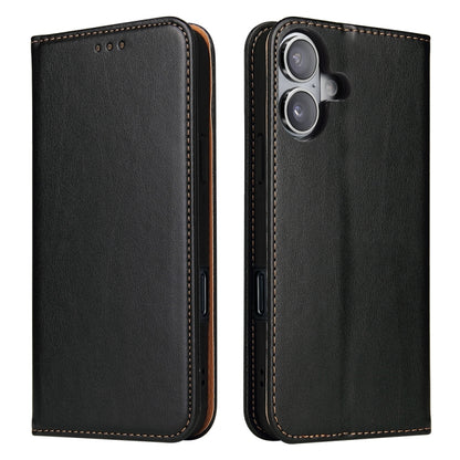 For iPhone 16 Plus Fierre Shann PU Genuine Leather Texture Phone Case(Black) - iPhone 16 Plus Cases by FIERRE SHANN | Online Shopping UK | buy2fix