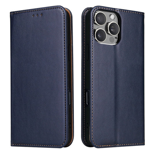 For iPhone 16 Pro Fierre Shann PU Genuine Leather Texture Phone Case(Blue) by FIERRE SHANN