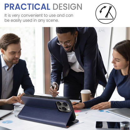 For iPhone 16 Pro Fierre Shann PU Genuine Leather Texture Phone Case(Blue) by FIERRE SHANN