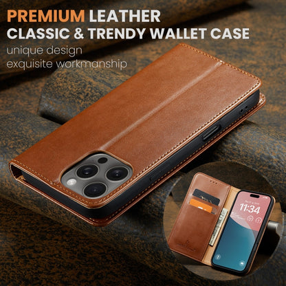 For iPhone 16 Pro Fierre Shann PU Genuine Leather Texture Phone Case(Brown) by FIERRE SHANN
