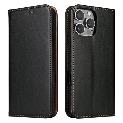 For iPhone 16 Pro Fierre Shann PU Genuine Leather Texture Phone Case(Black) by FIERRE SHANN