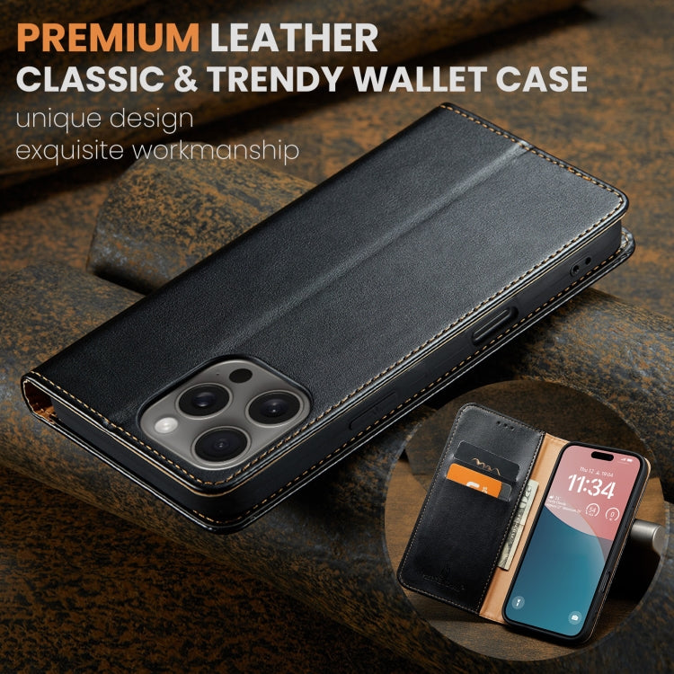 For iPhone 16 Pro Fierre Shann PU Genuine Leather Texture Phone Case(Black) by FIERRE SHANN