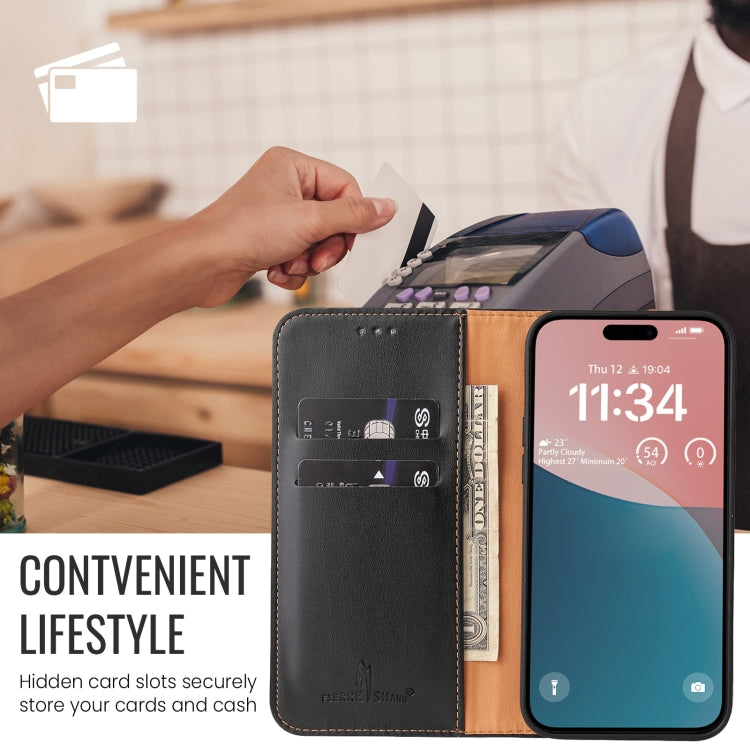 For iPhone 16 Pro Fierre Shann PU Genuine Leather Texture Phone Case(Black) by FIERRE SHANN