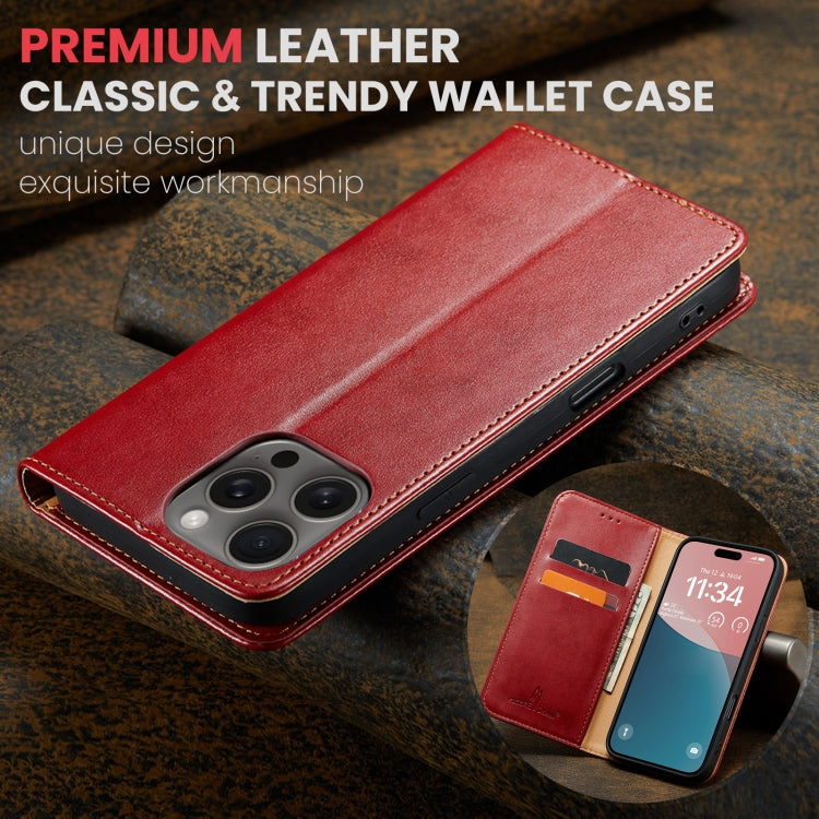 For iPhone 16 Pro Fierre Shann PU Genuine Leather Texture Phone Case(Red) by FIERRE SHANN