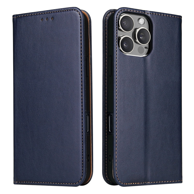 For iPhone 16 Pro Max Fierre Shann PU Genuine Leather Texture Phone Case(Blue) by FIERRE SHANN