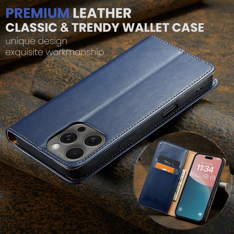 For iPhone 16 Pro Max Fierre Shann PU Genuine Leather Texture Phone Case(Blue) by FIERRE SHANN