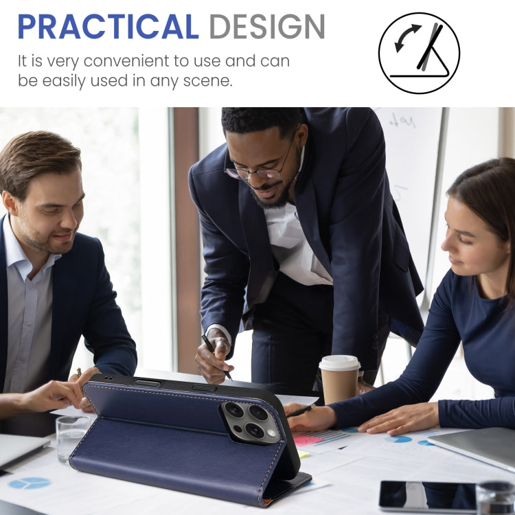 For iPhone 16 Pro Max Fierre Shann PU Genuine Leather Texture Phone Case(Blue) by FIERRE SHANN